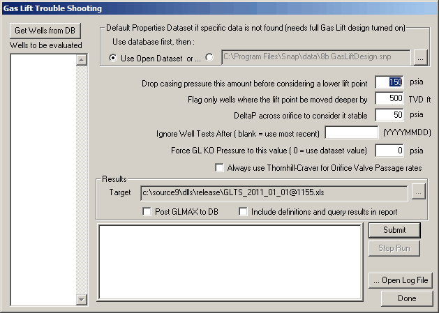 Batch Gas Lift Troubleshooting setup panel