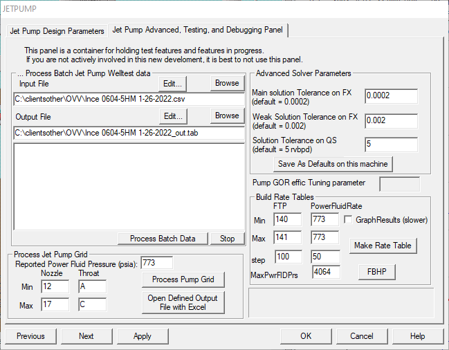 Jet Pump Advanced Options panel