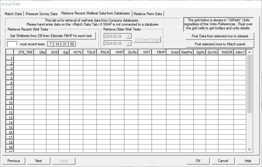 Retrieve recent welltests from databases panel