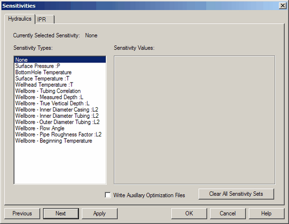 Sensitivities dialog