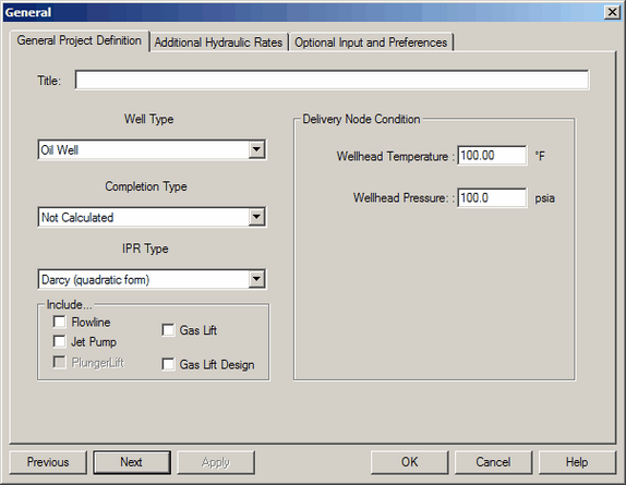 General Project Definition window