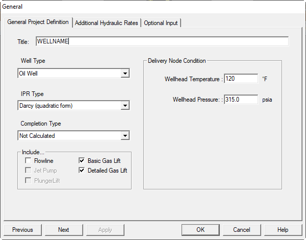 General panel showing detailed gas lift options