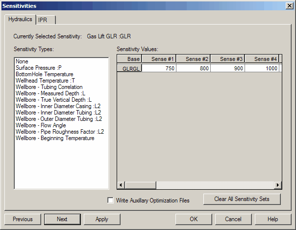 Hydraulics sensitivities input panel
