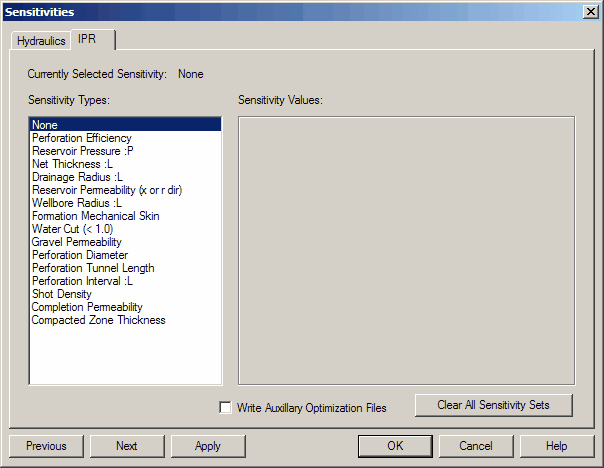 IPR sensitivities input panel