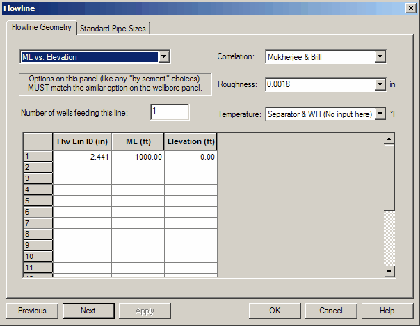 Flowline inputs panel