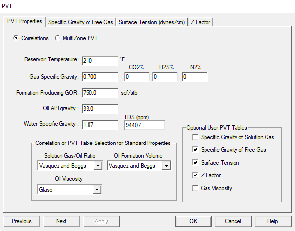 Inputs - PVT Properties