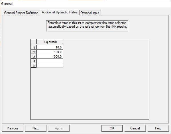 Additional Hydraulics Flow Rates dialog