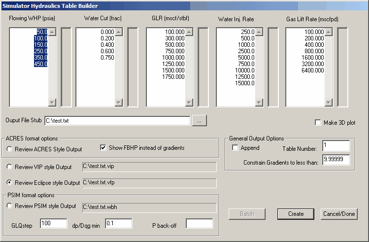 Build Simulator Input Tables panel
