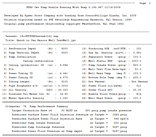 Sample JetPump Output report – page 1