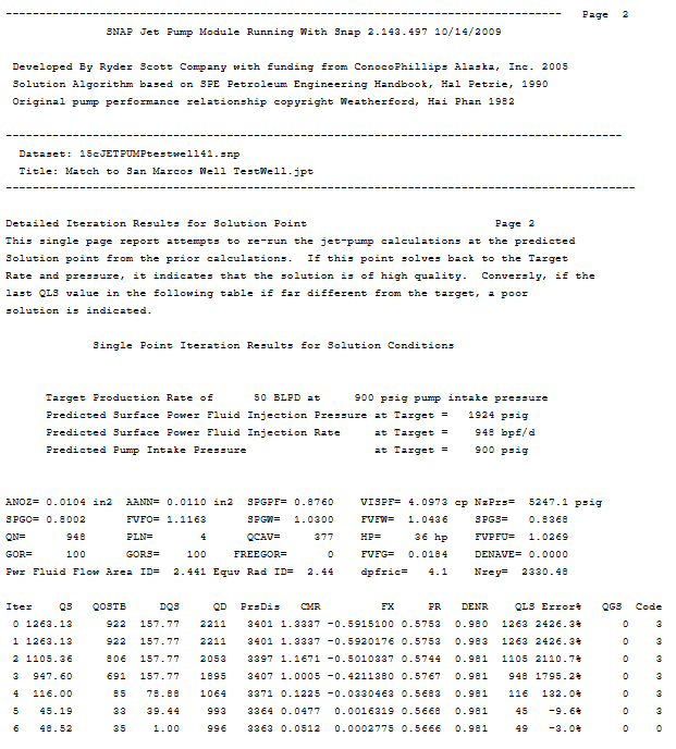 Sample JetPump Output report – page 2 (iteration details)