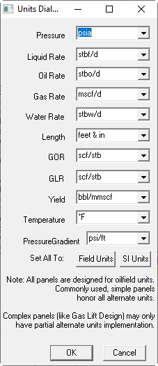 Units Preferences panel