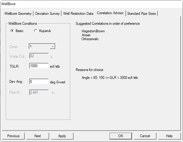 Hydraulics correlation advisor dialog